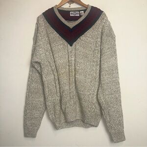 VTG Gulf Traders Cable Knit Sweater Men’s XL Khaki V Neck Tennis Preppy Cricket